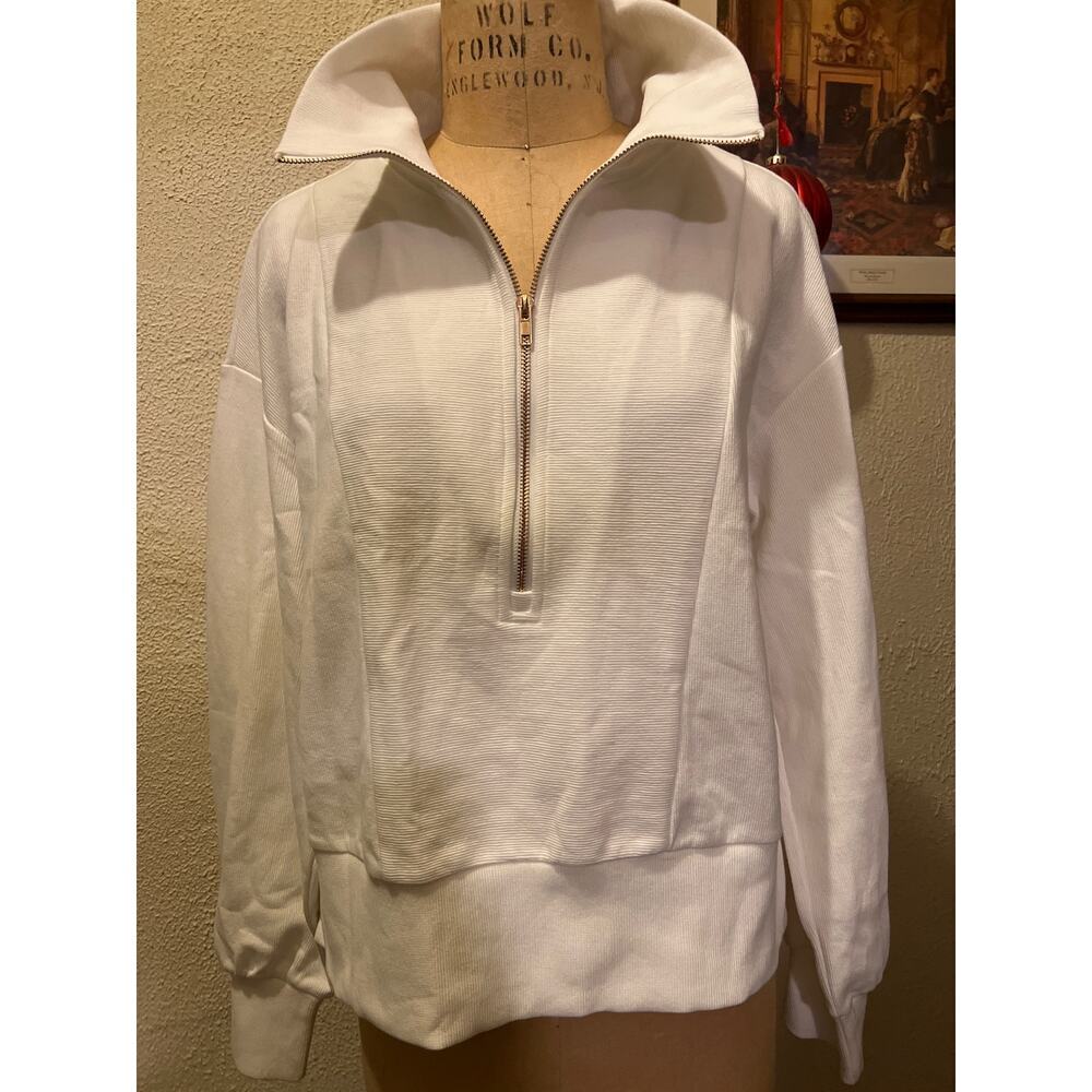 Women's White Ribbed Half Zip Cropped Pullover Sweatshirt Top NWT Size L - Picture 5 of 13